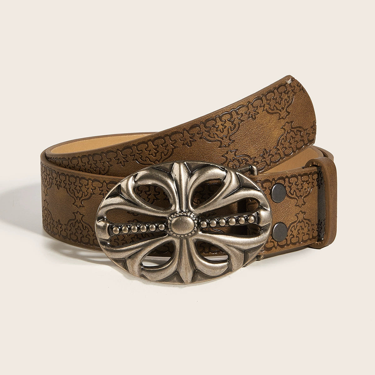 OVAL CROSS EMBOSSED BUCKLE STUD BELT