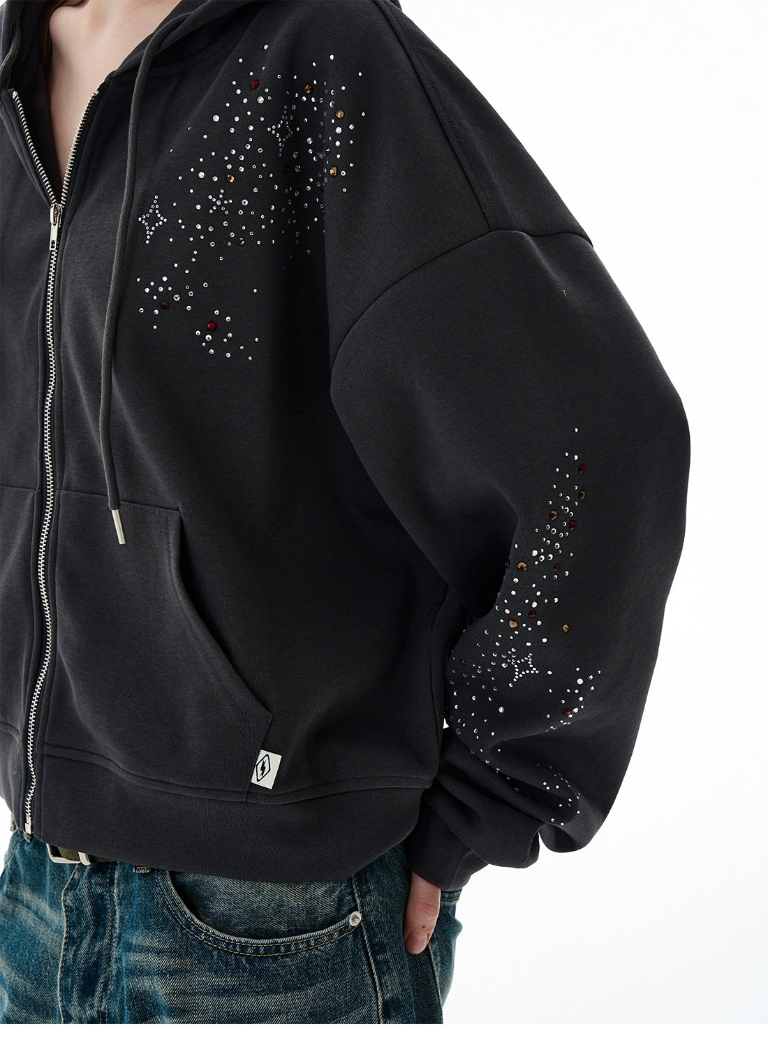 STARRY RHINESTONE ZIPPED HOODIE