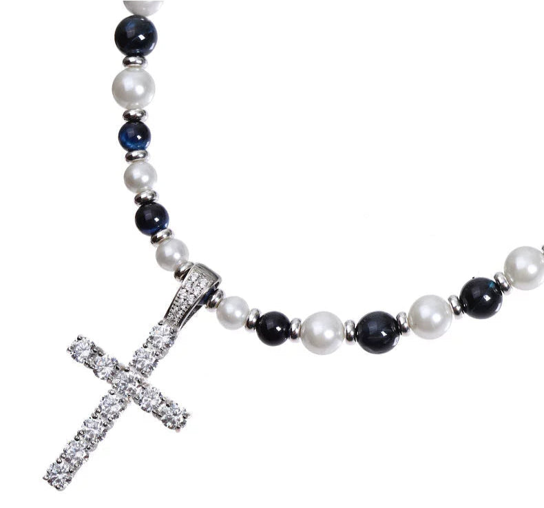 PEARL STONE ICED CROSS NECKRACE