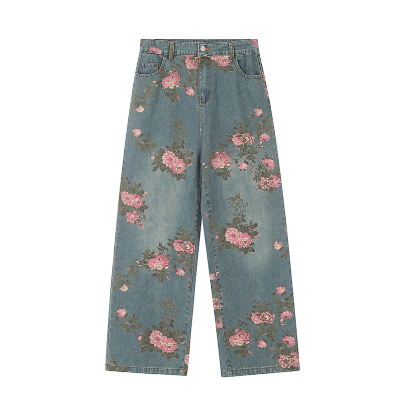 VINTAGE WASHED FLOWER DENIM PANTS