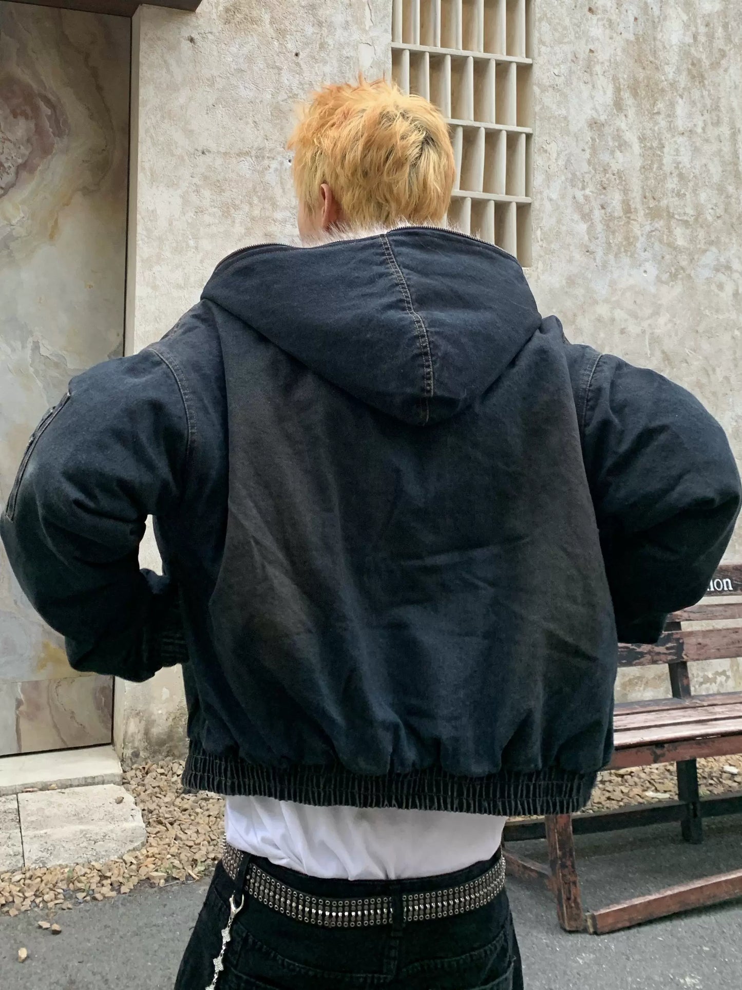 WASHED DENIM FUR HOODED JACKET