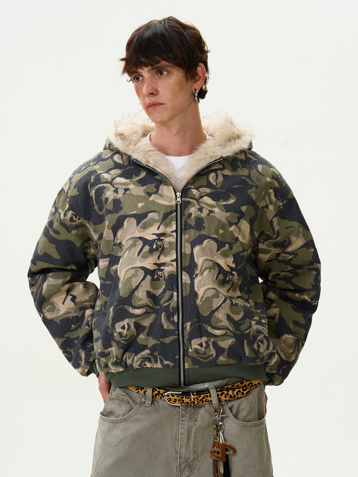 FUR CAMOUFLAGE HOODED JACKET