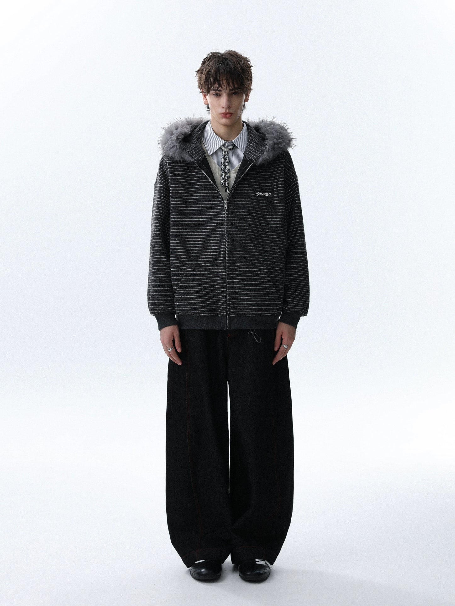 STRIPED FUR HOODED ZIP-UP