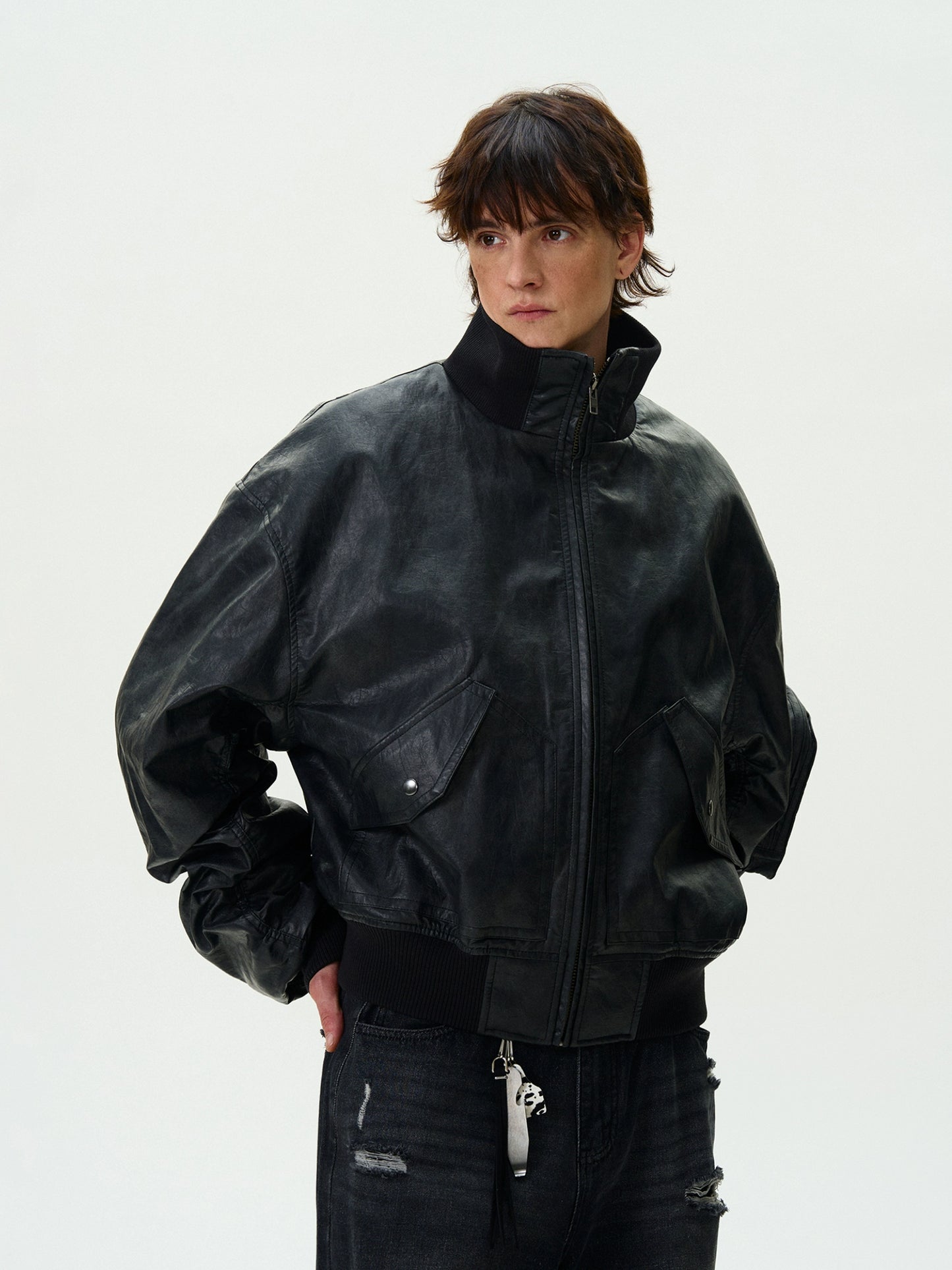 WASHED BOMBER PADDED PU LEATHER JACKET