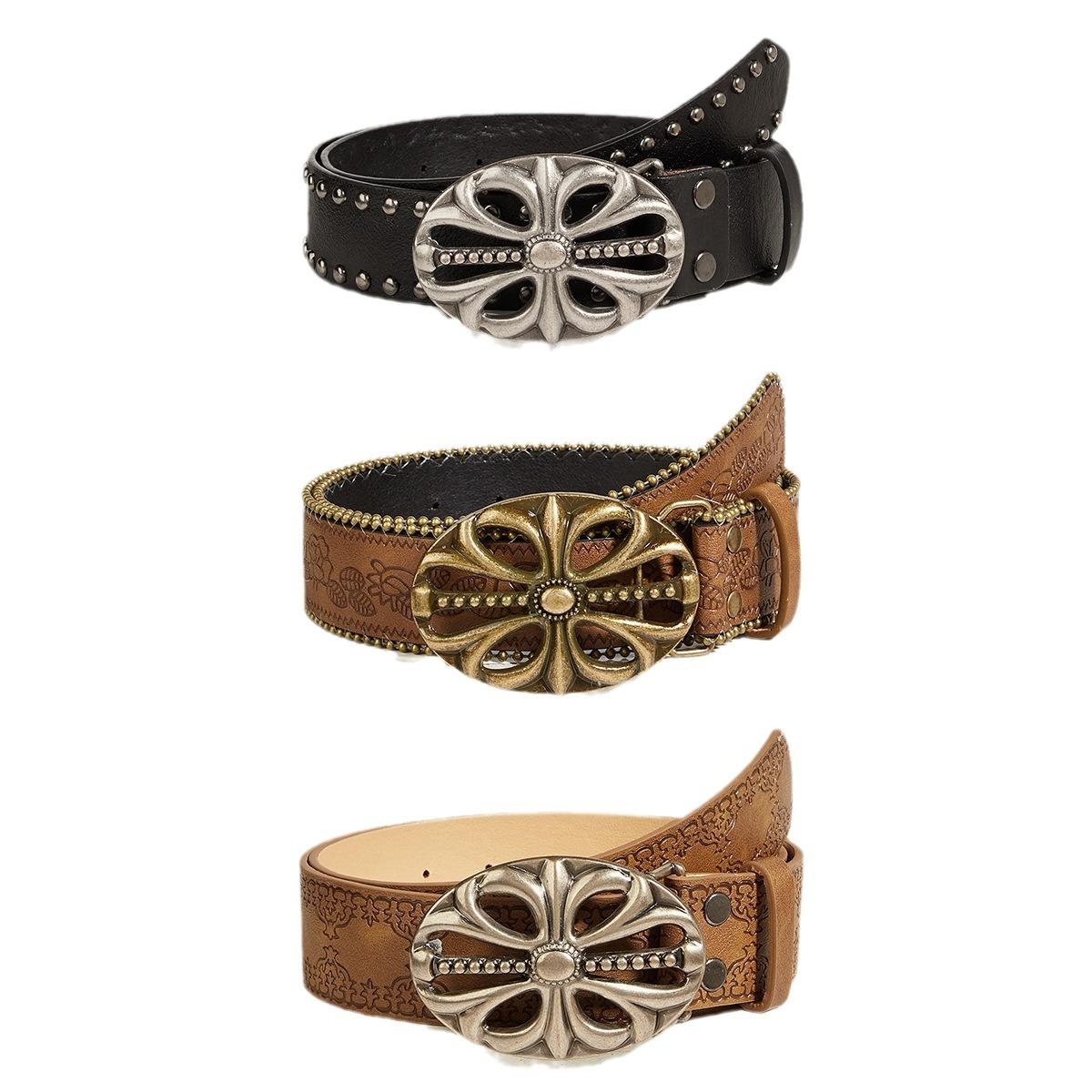 OVAL CROSS EMBOSSED BUCKLE STUD BELT