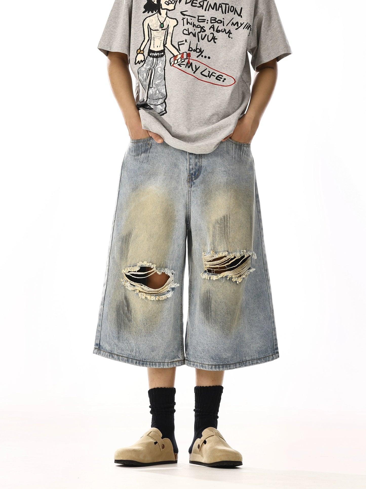 WASHED DAMAGE DENIM SHORTS