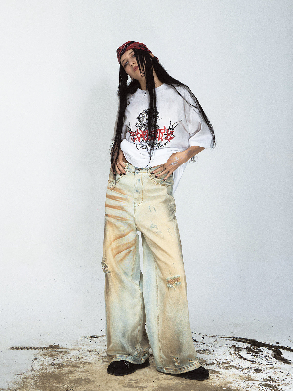 YELLOW MUD DYED WASHED DISTRESSED DENIM PANTS