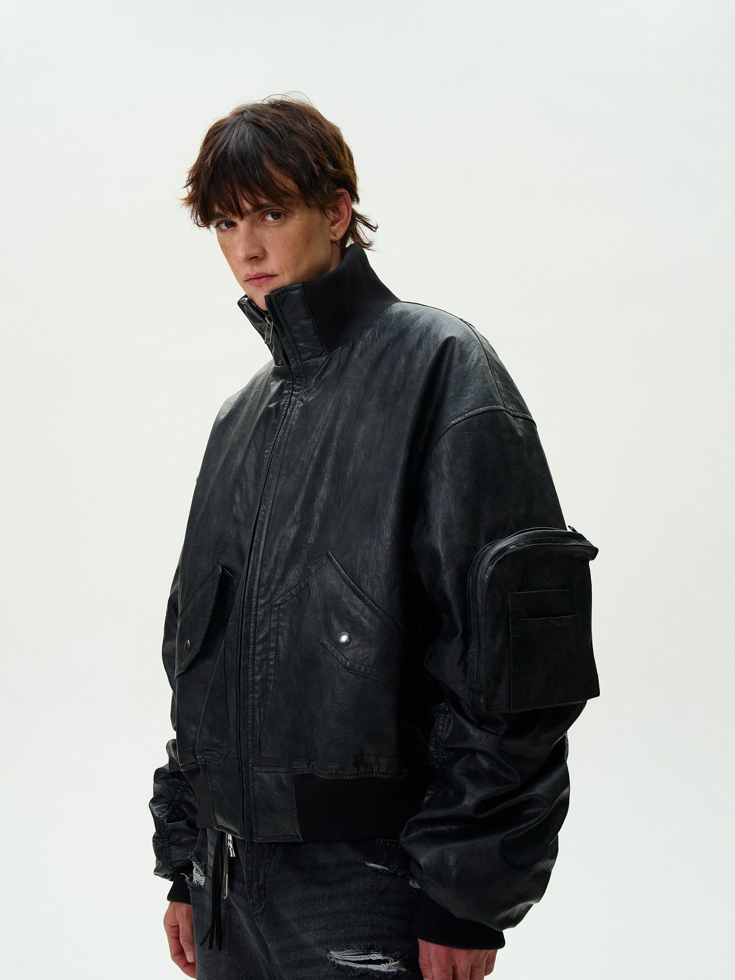 WASHED BOMBER PADDED PU LEATHER JACKET