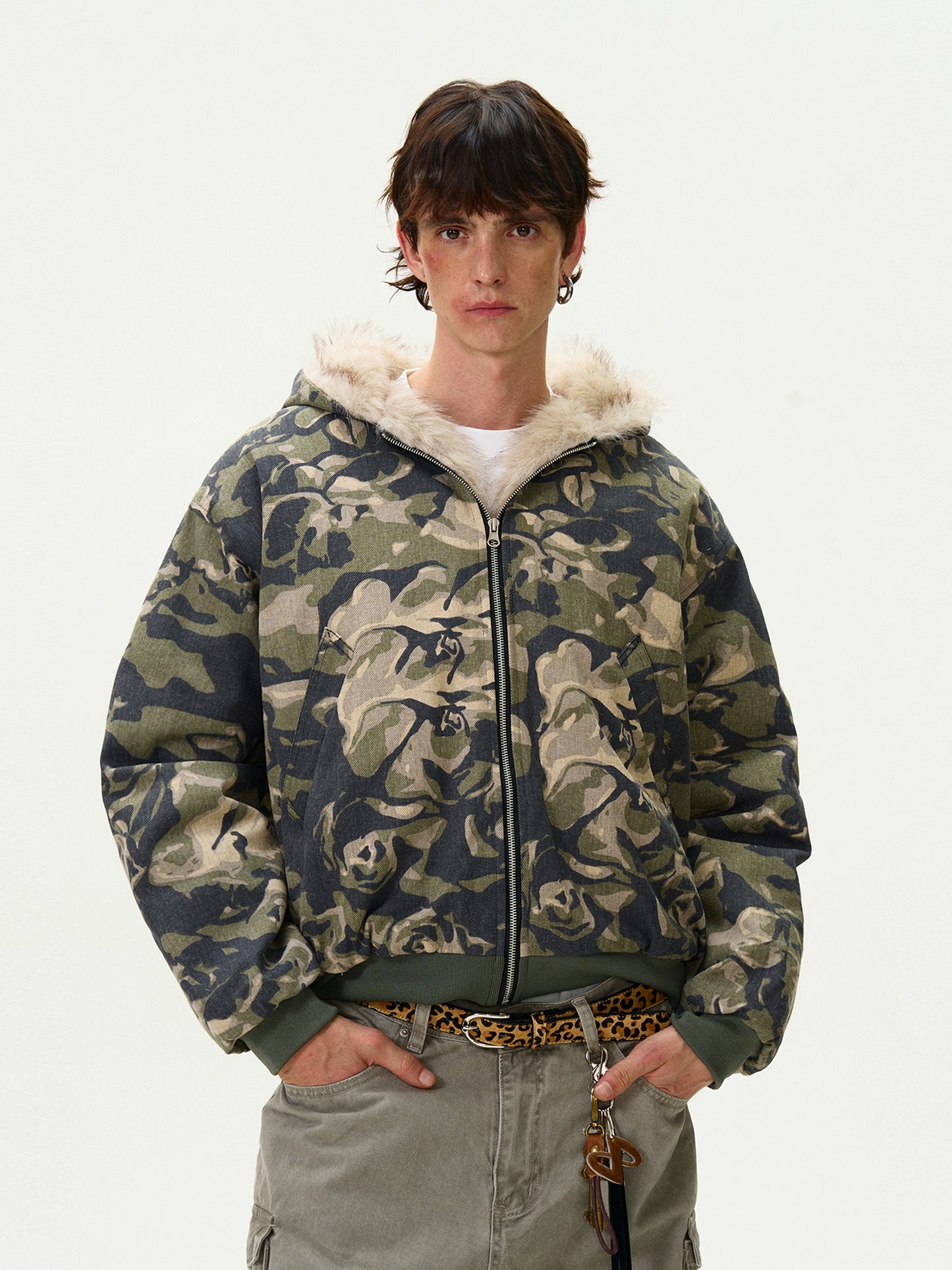 FUR CAMOUFLAGE HOODED JACKET