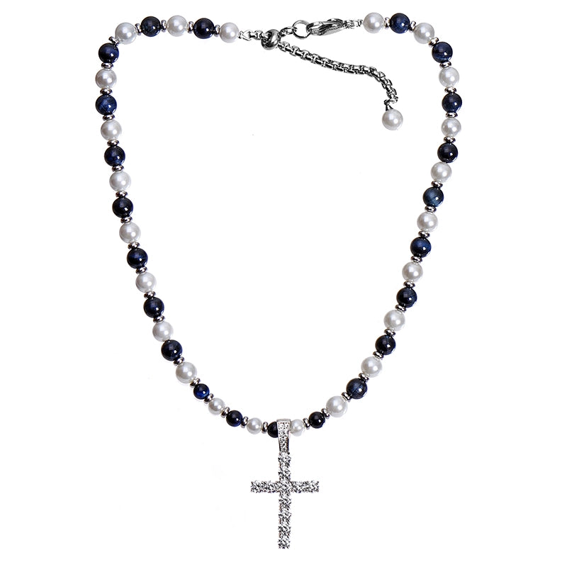 PEARL STONE ICED CROSS NECKLACE