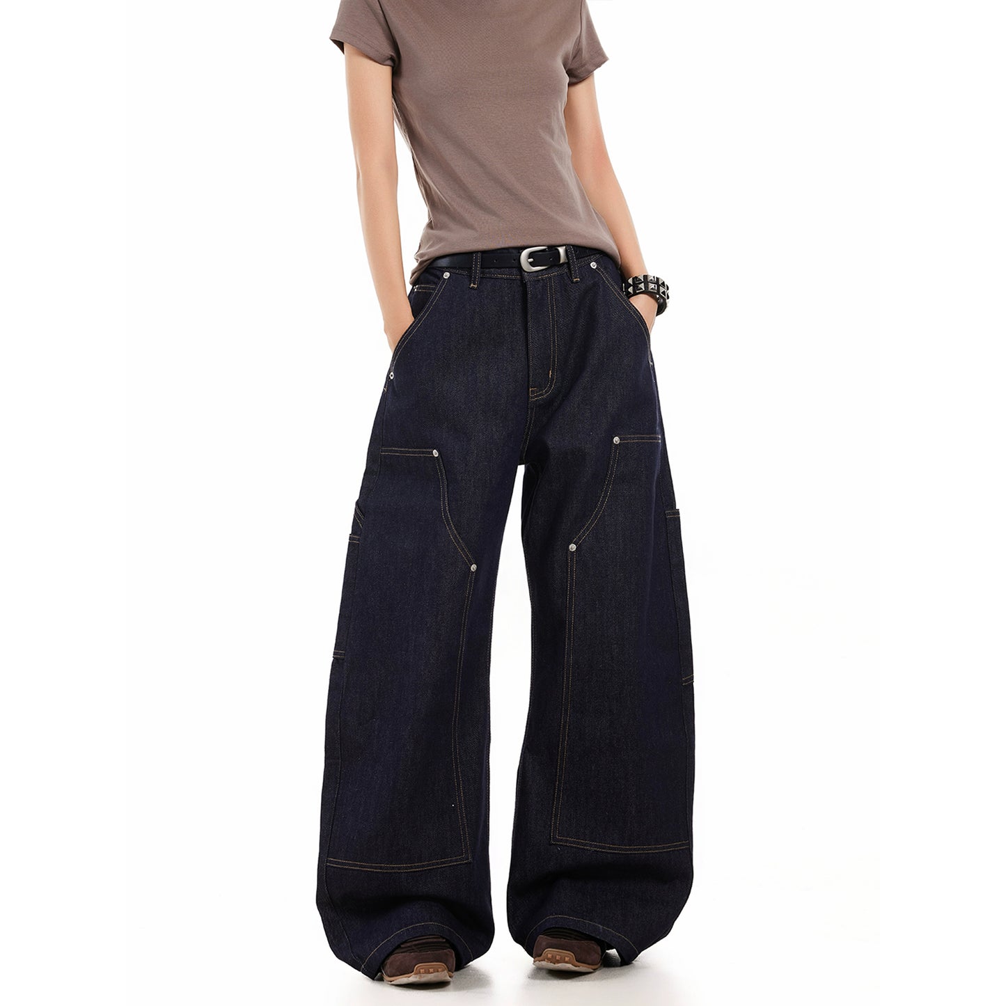 DOUBLE KNEE STUDDED SCIMITAR DENIM PANTS