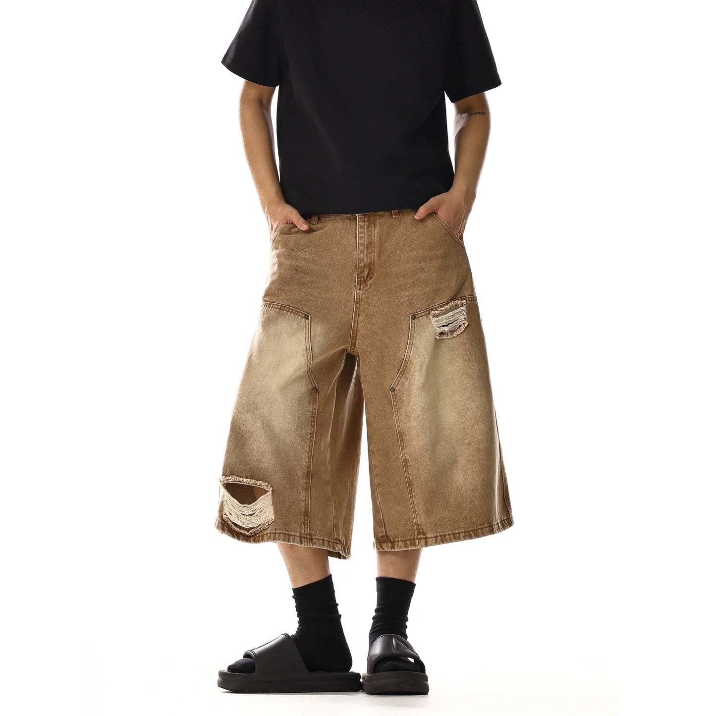 DOUBLE KNEE DAMAGE DENIM SHORTS