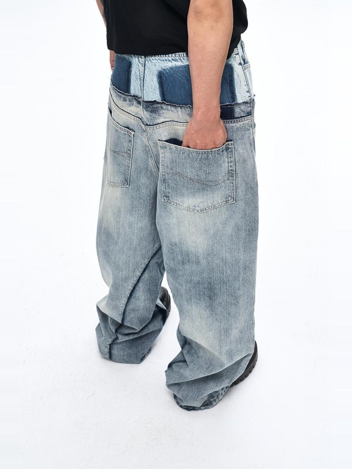 FAKE DUO LAYER DOUBLE WAIST DENIM PANTS