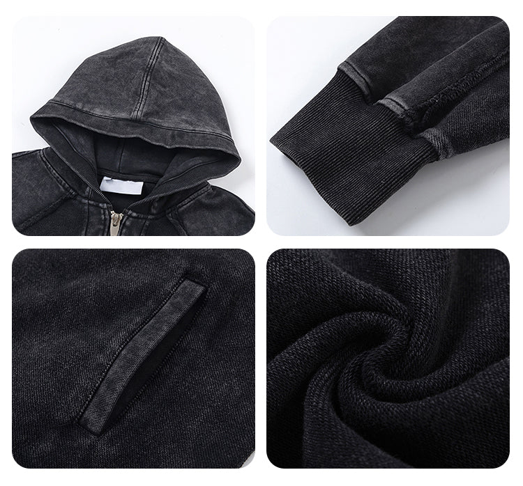 PATCHWORK WASH DISTRESSED ZIPPED HOODIE