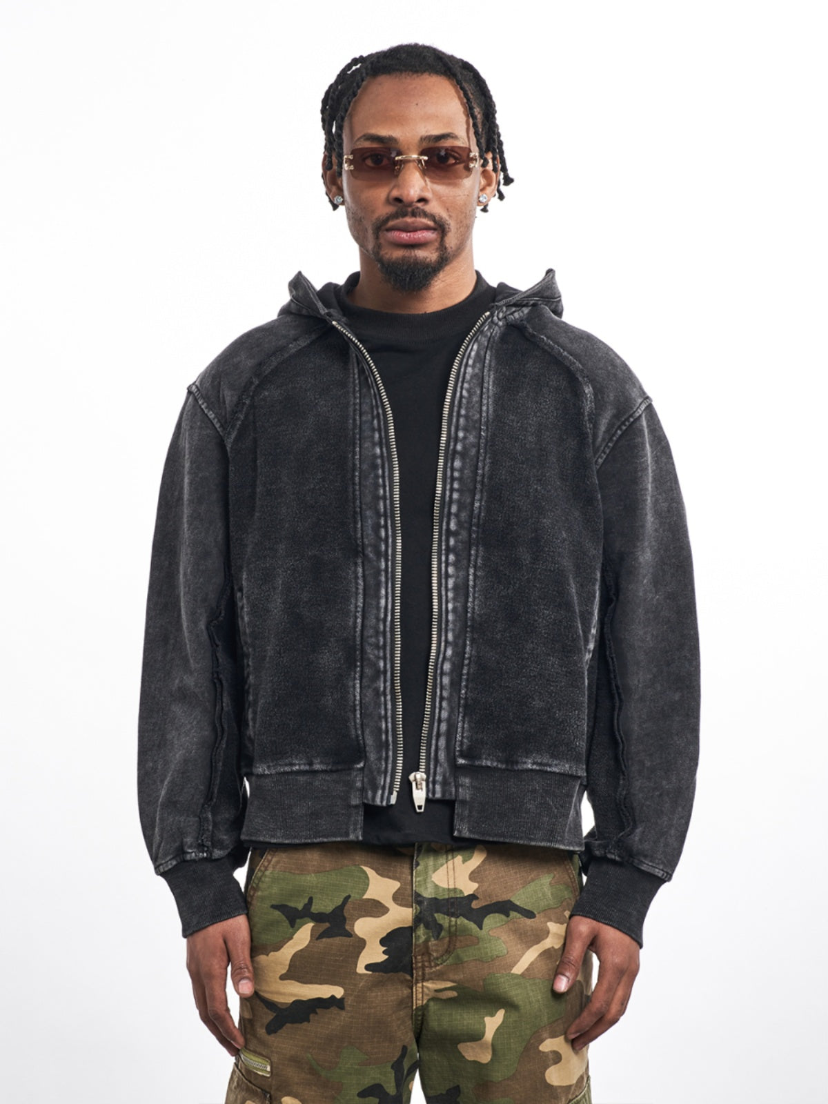 PATCHWORK WASH DISTRESSED ZIPPED HOODIE