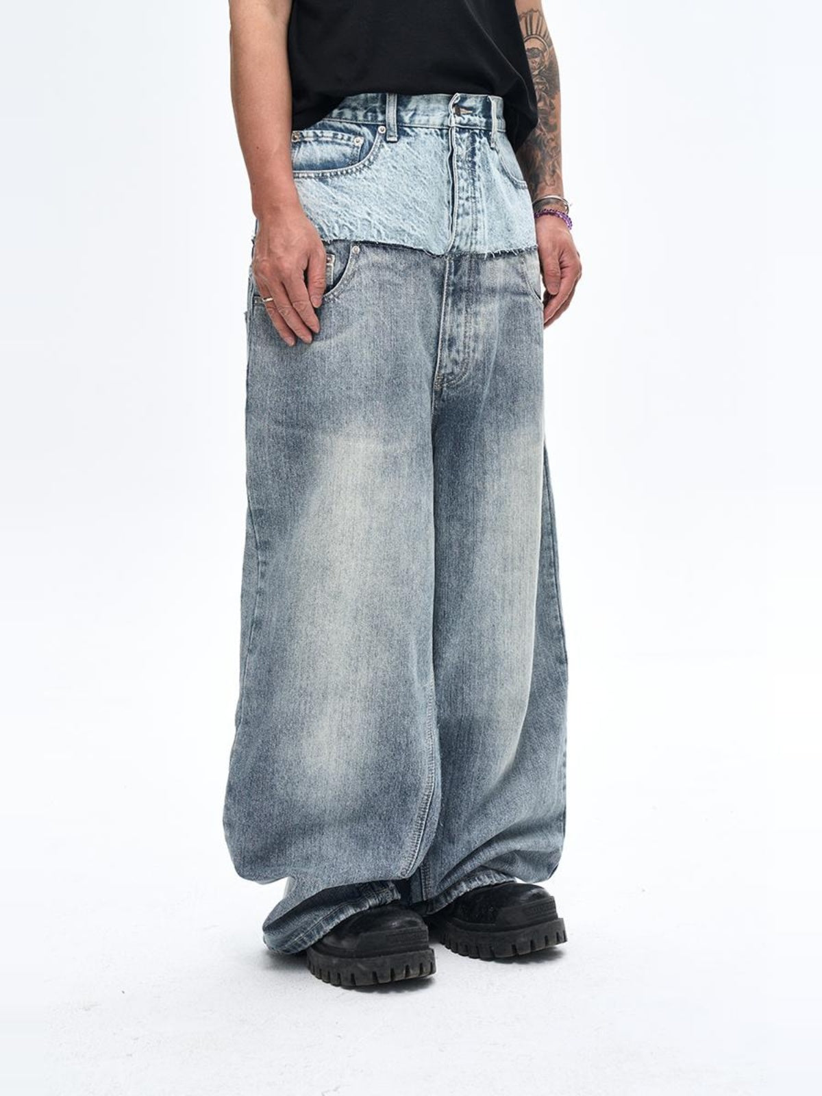 FAKE DUO LAYER DOUBLE WAIST DENIM PANTS