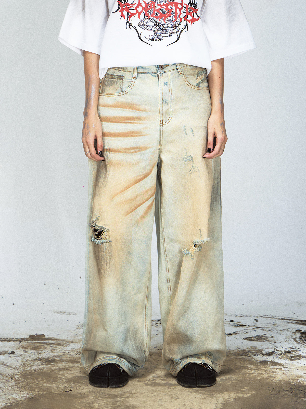 YELLOW MUD DYED WASHED DISTRESSED DENIM PANTS