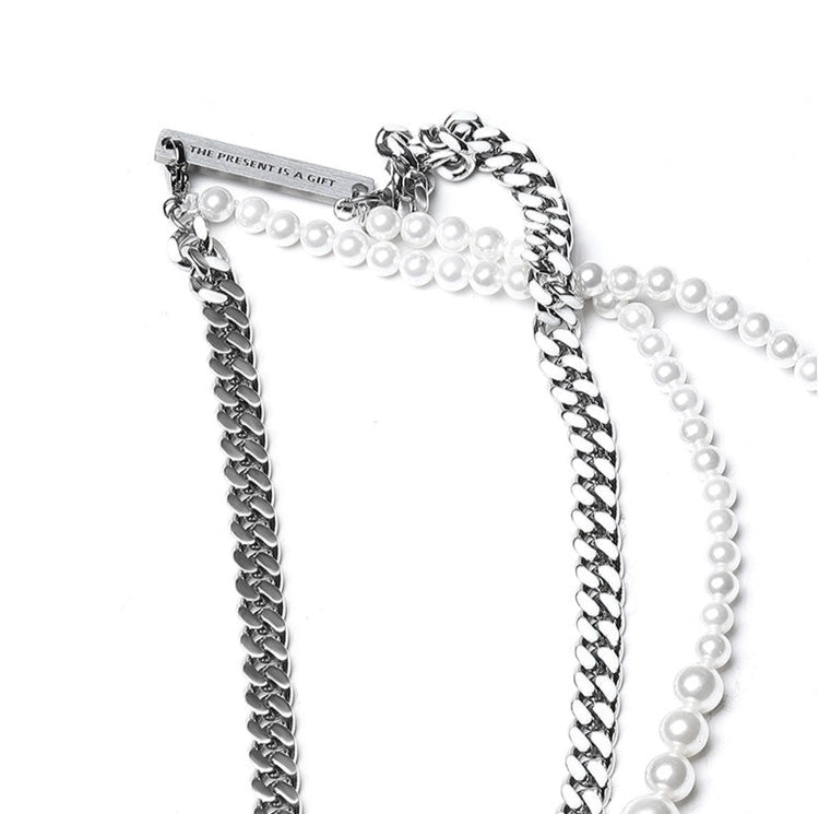 PEARL CROSS DOUBLE CHAIN NECKLACE