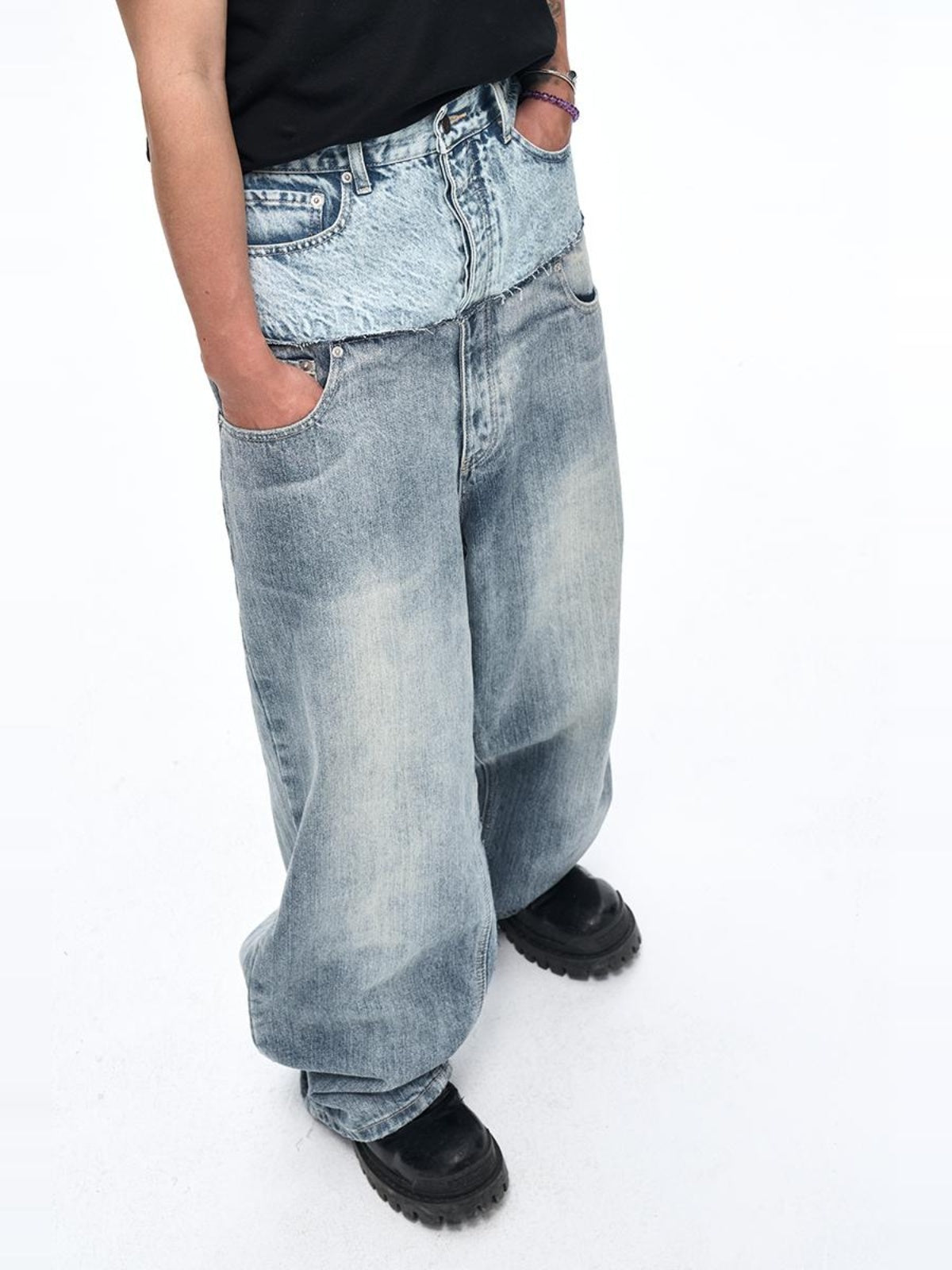 FAKE DUO LAYER DOUBLE WAIST DENIM PANTS