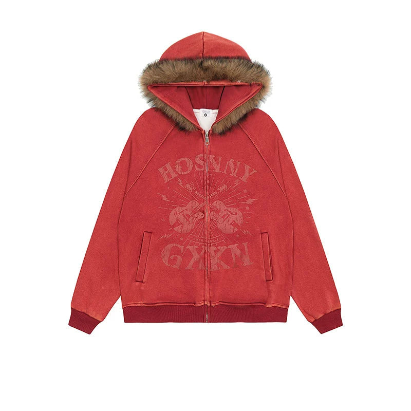 VINTAGE WASHED GRAPHIC FUR HOODED JACKET