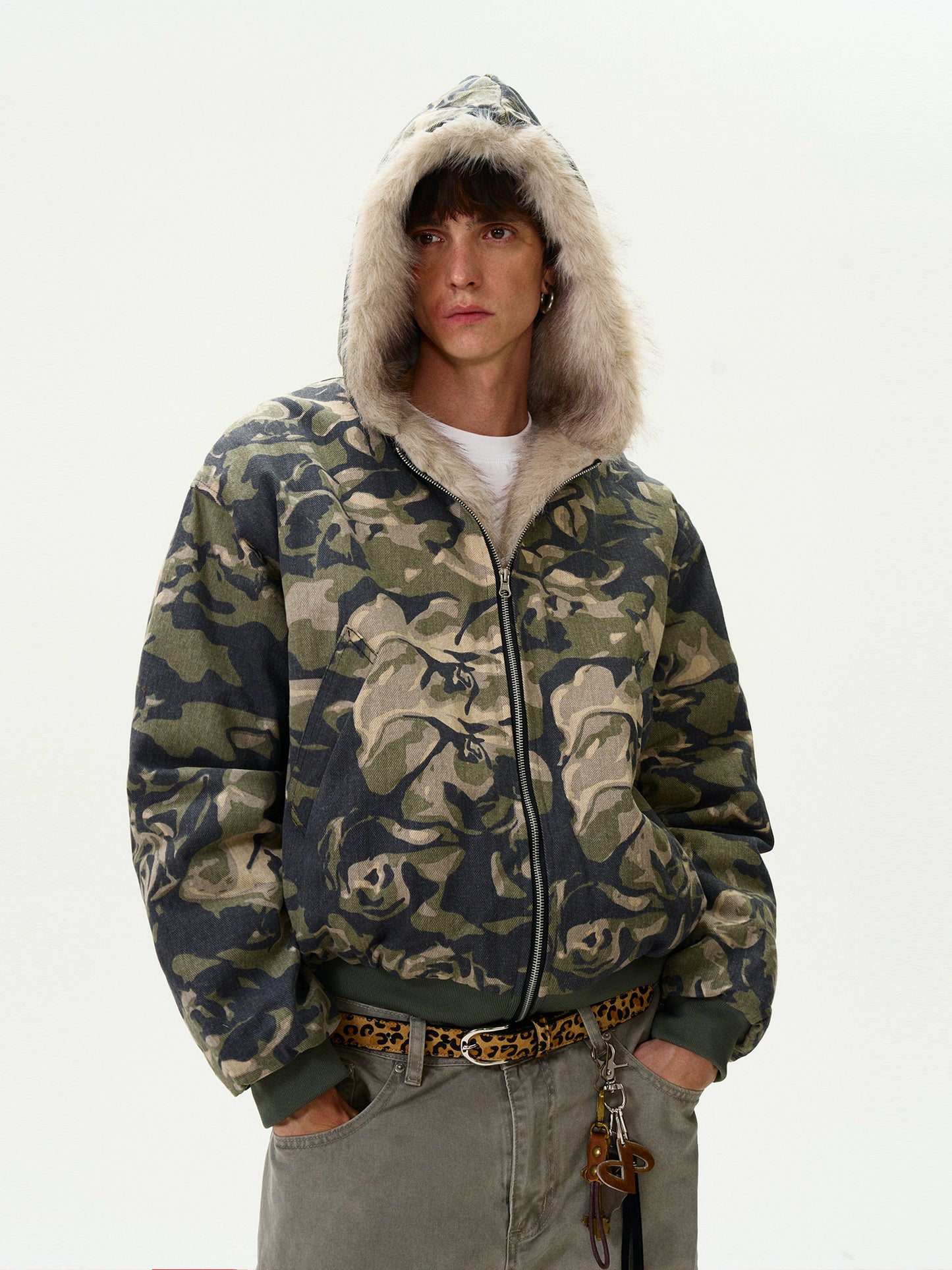 FUR CAMOUFLAGE HOODED JACKET
