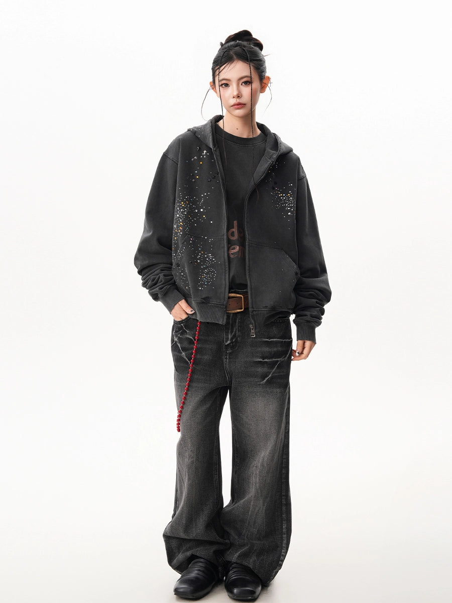 RHINESTONE DAMAGED ZIPPED HOODIE
