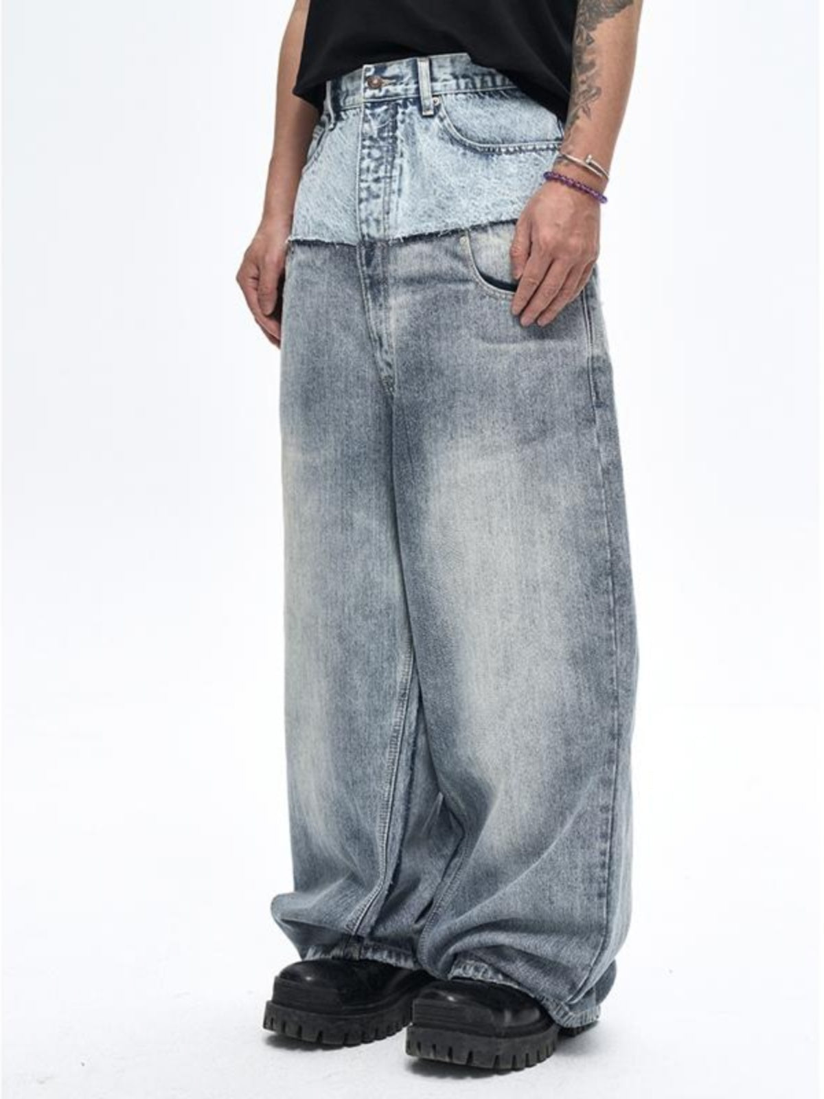 FAKE DUO LAYER DOUBLE WAIST DENIM PANTS