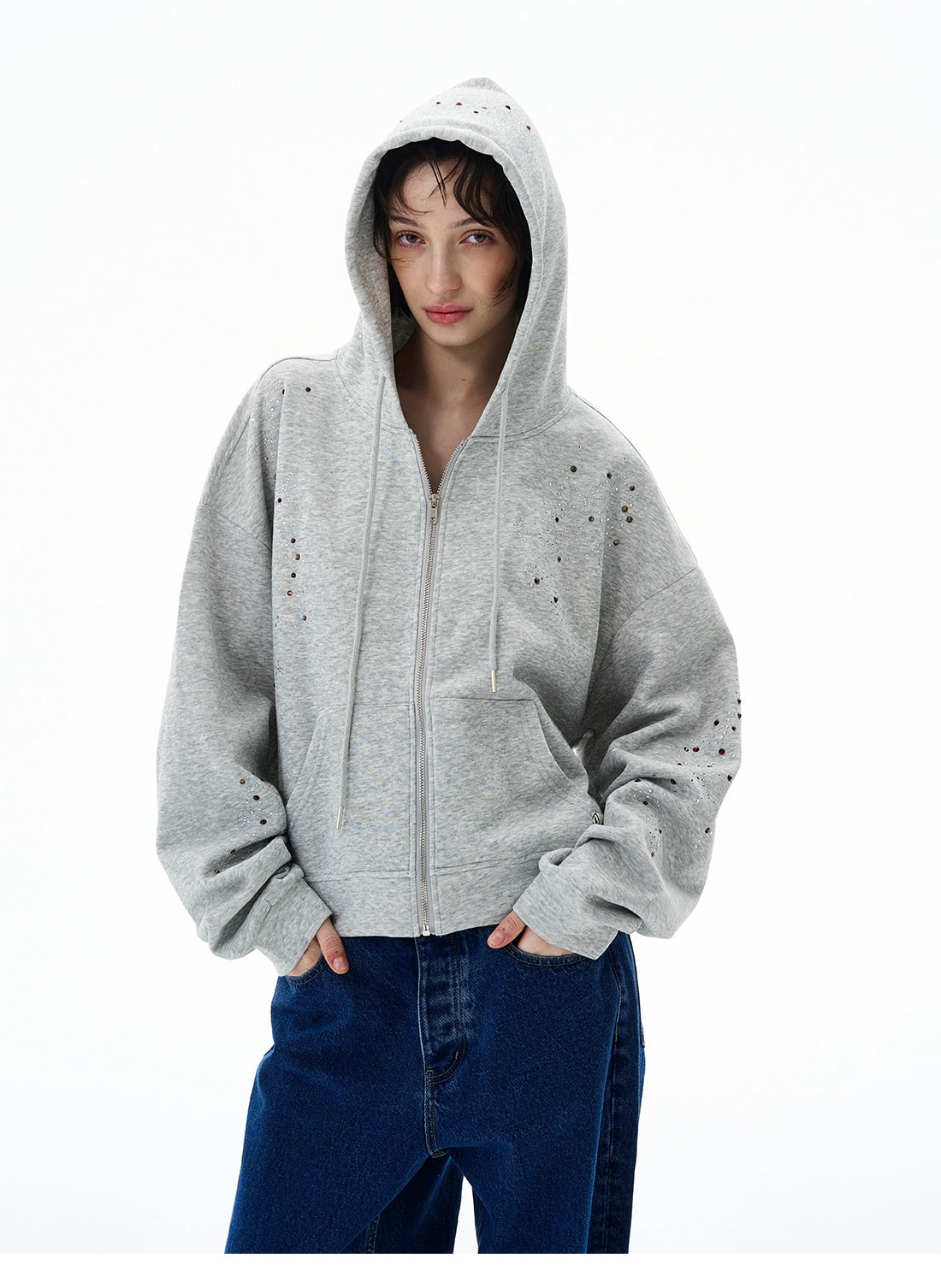 STARRY RHINESTONE ZIPPED HOODIE