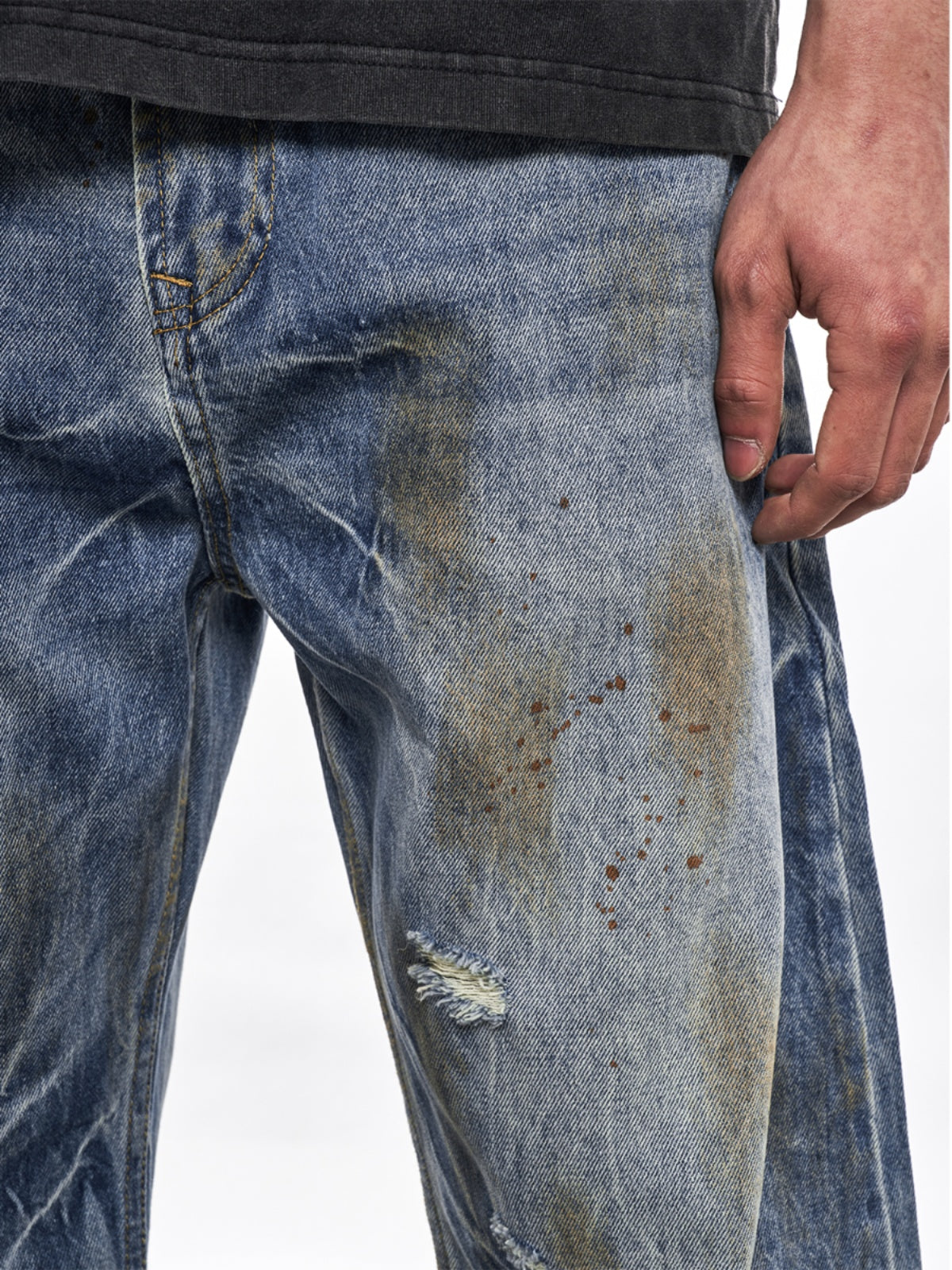 DAMEGE WASHED STRAIGHT DENIM PANTS