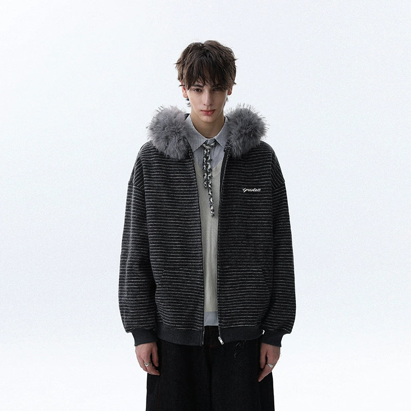 STRIPED FUR HOODED ZIP-UP