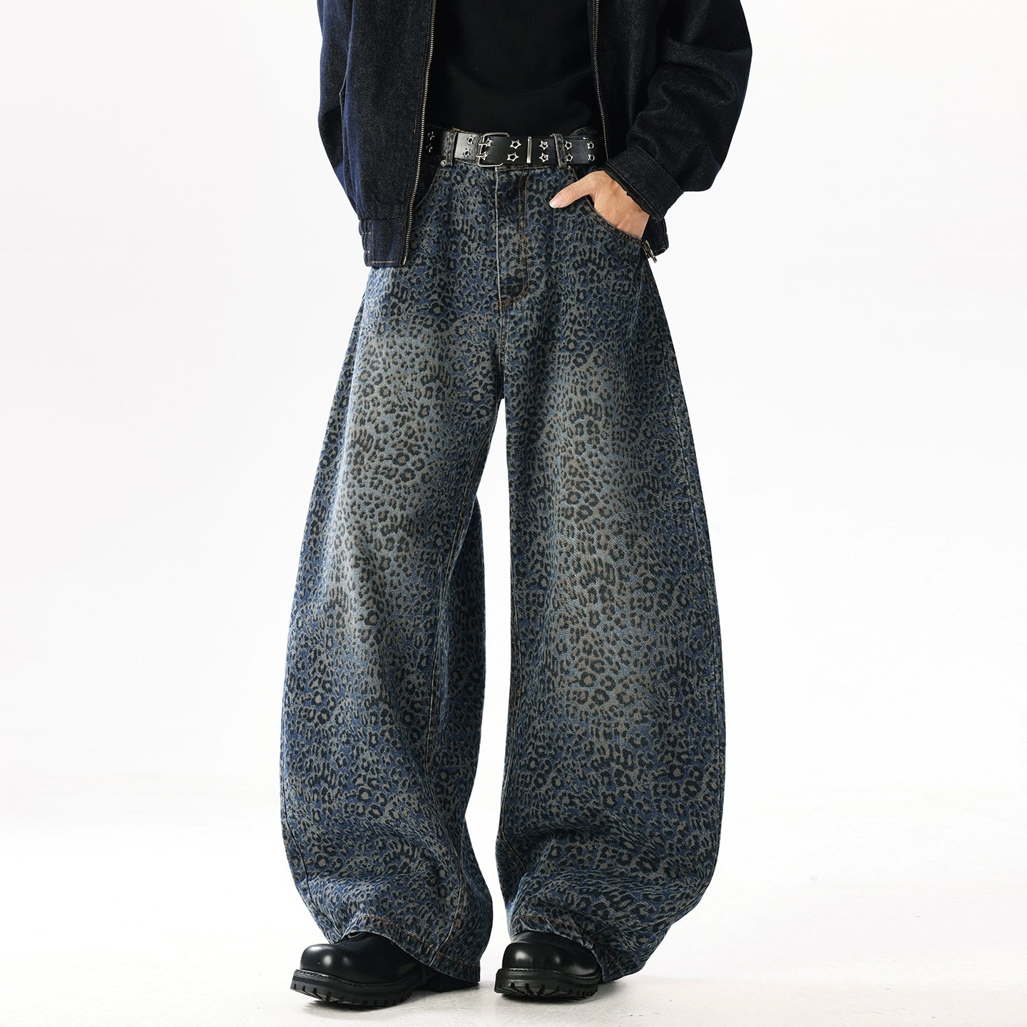 WASHED LEOPARD PRINT WIDE-LEG SCIMITAR JEANS