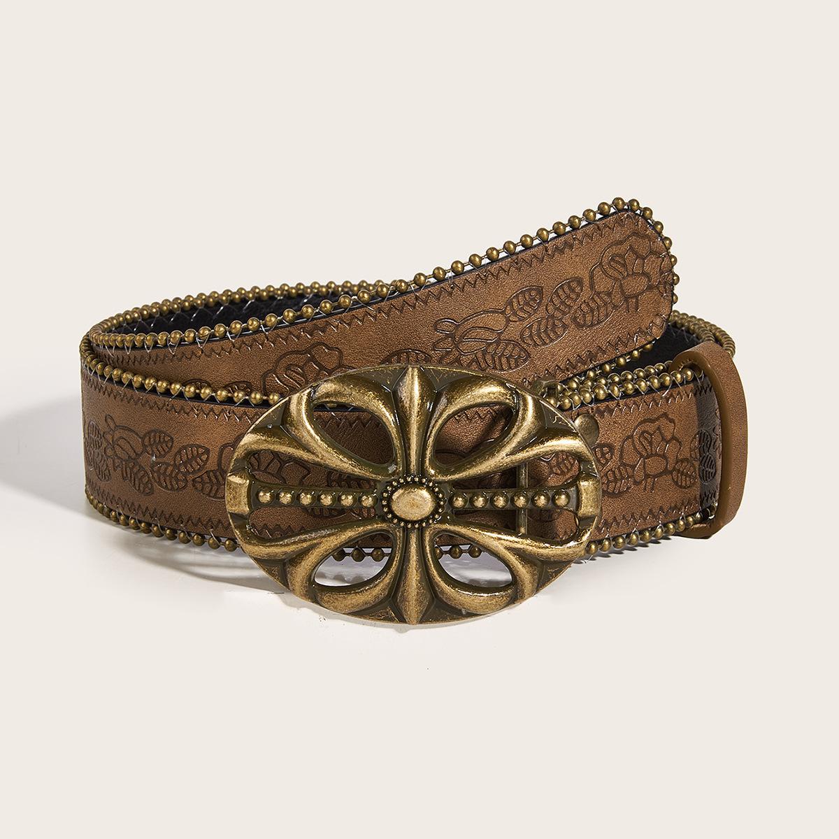OVAL CROSS EMBOSSED BUCKLE STUD BELT