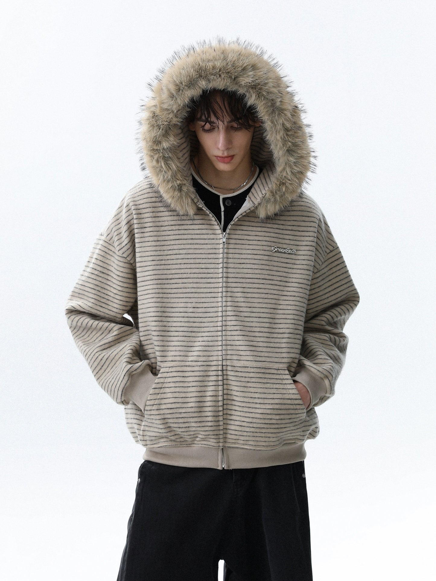 STRIPED FUR HOODED ZIP-UP