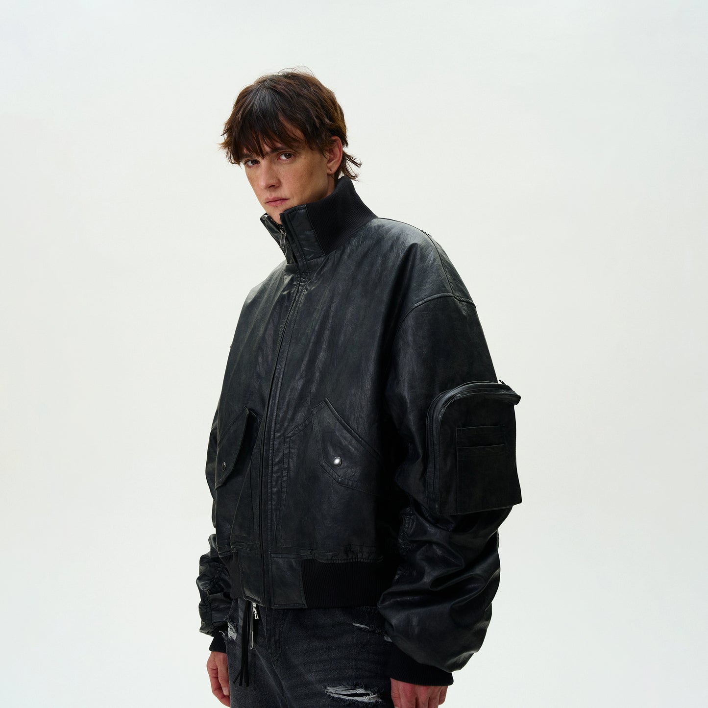 WASHED BOMBER PADDED PU LEATHER JACKET
