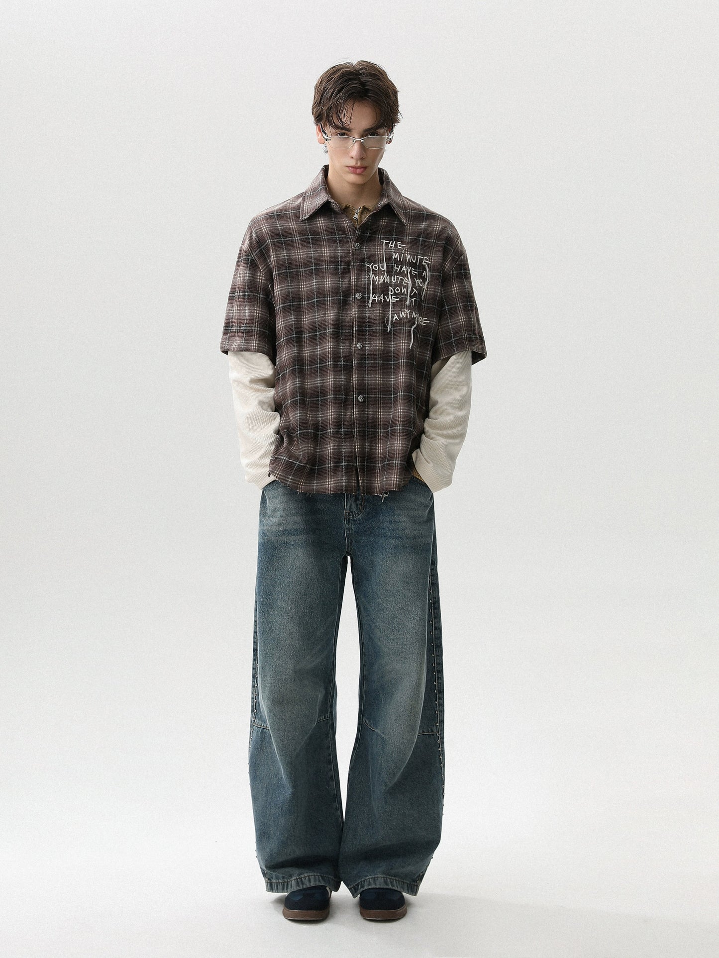 LAYERED CHECK GRAFFITI DAMAGE SHIRT
