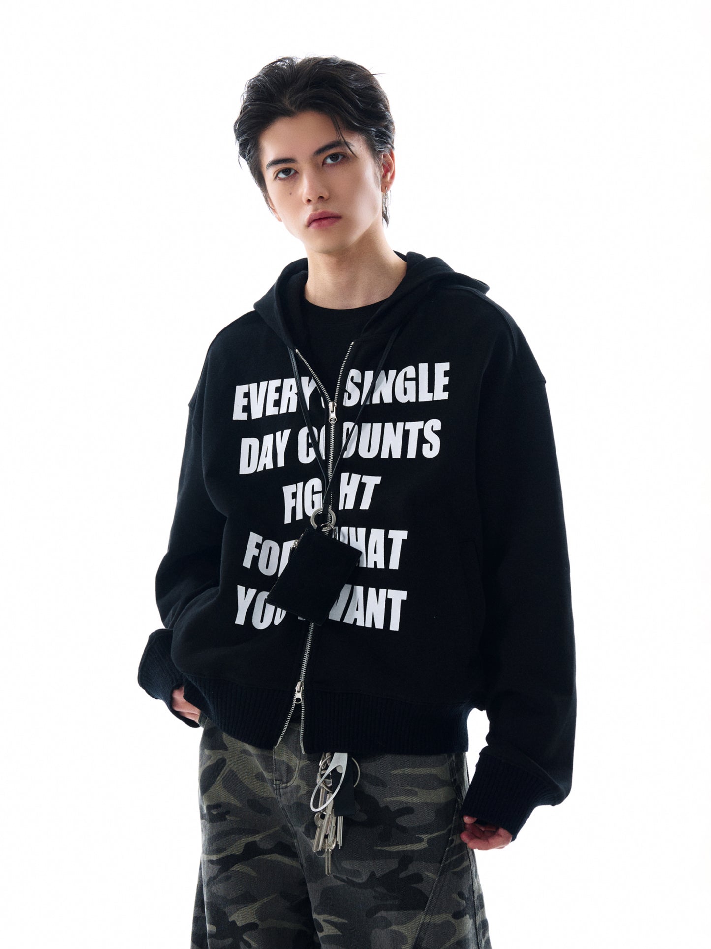 LETTER PRINT ZIPPED HOODIE