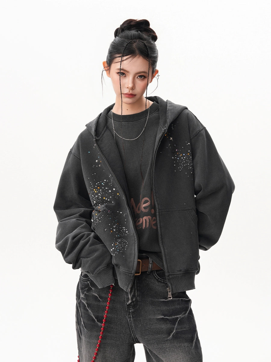 RHINESTONE DAMAGED ZIPPED HOODIE