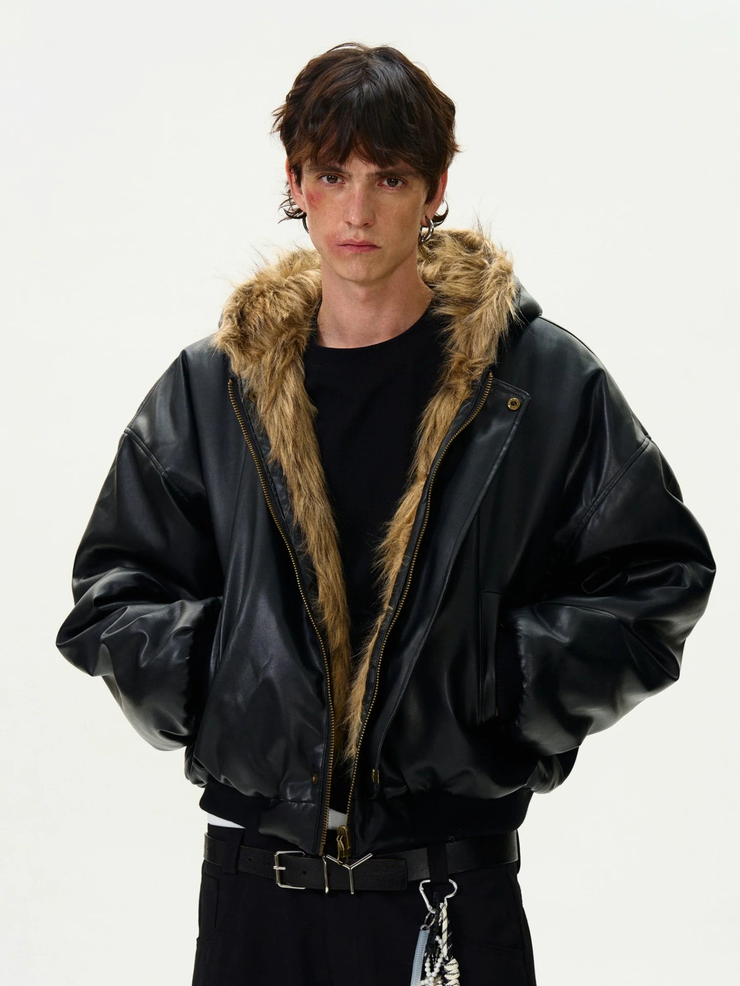 REVERSIBLE PU LEATHER FUR BOMBER JACKET