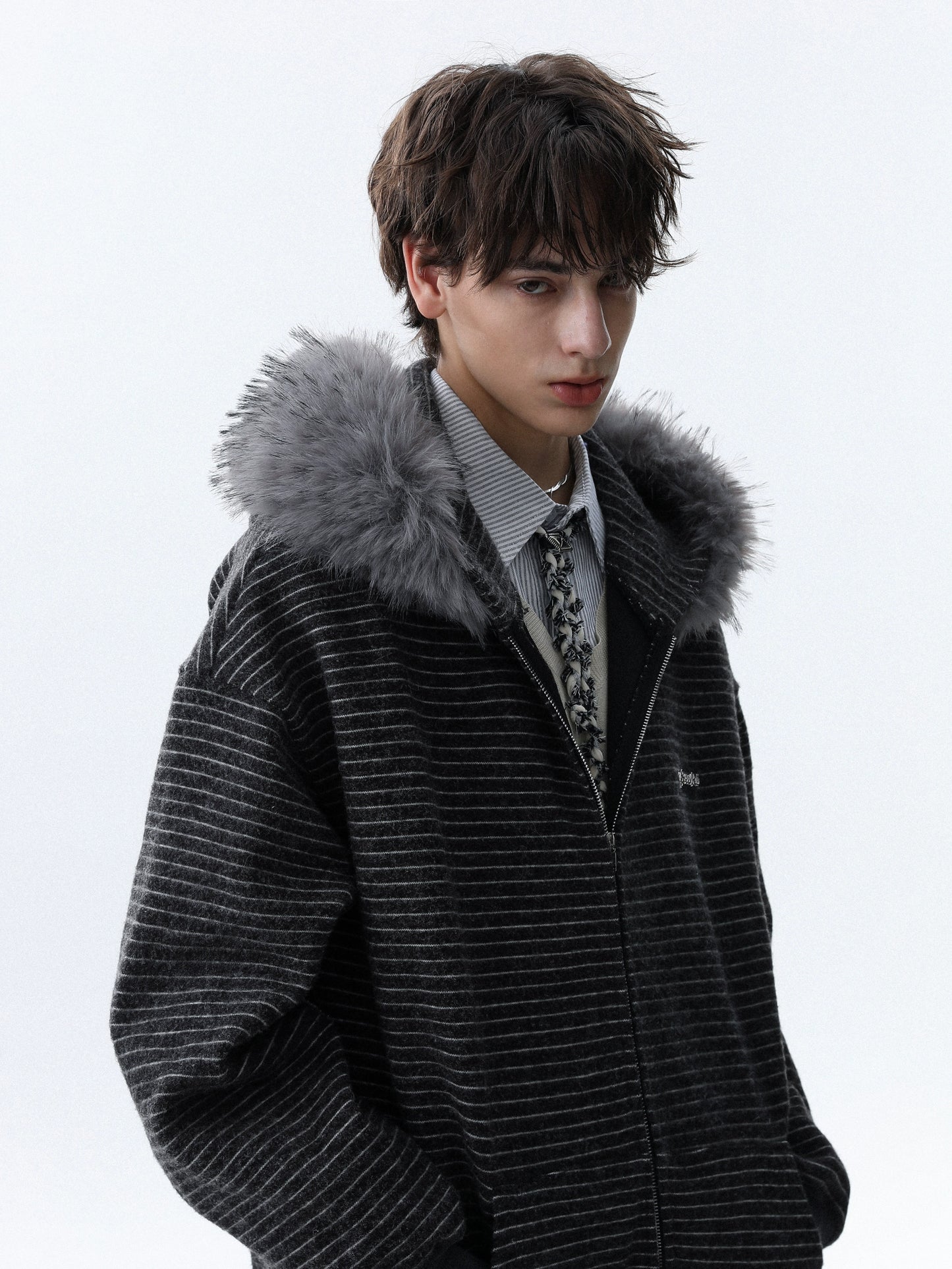 STRIPED FUR HOODED ZIP-UP