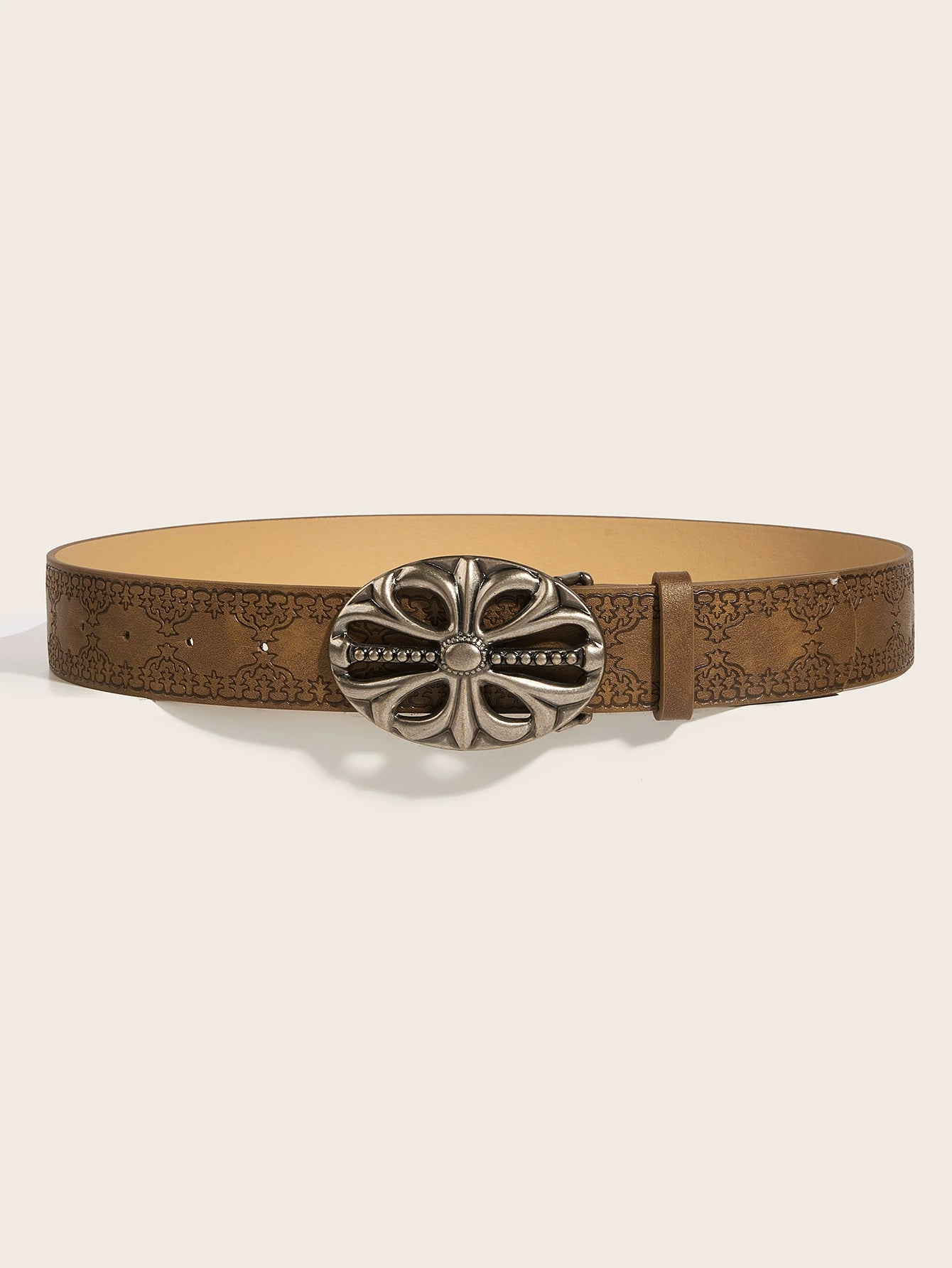 OVAL CROSS EMBOSSED BUCKLE STUD BELT
