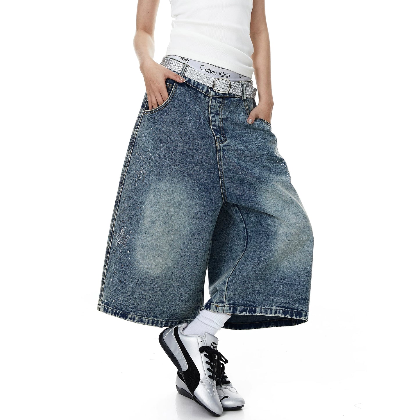 STAR STUDDED WIDE DENIM PANTS