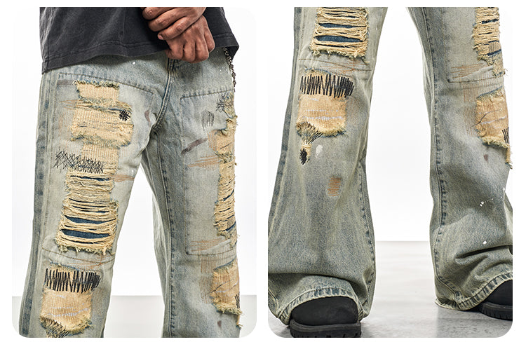 DESTRUCTION WASHED DAMAE DENIM PANTS
