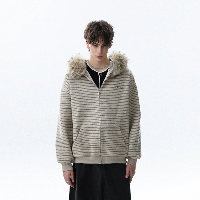 STRIPED FUR HOODED ZIP-UP