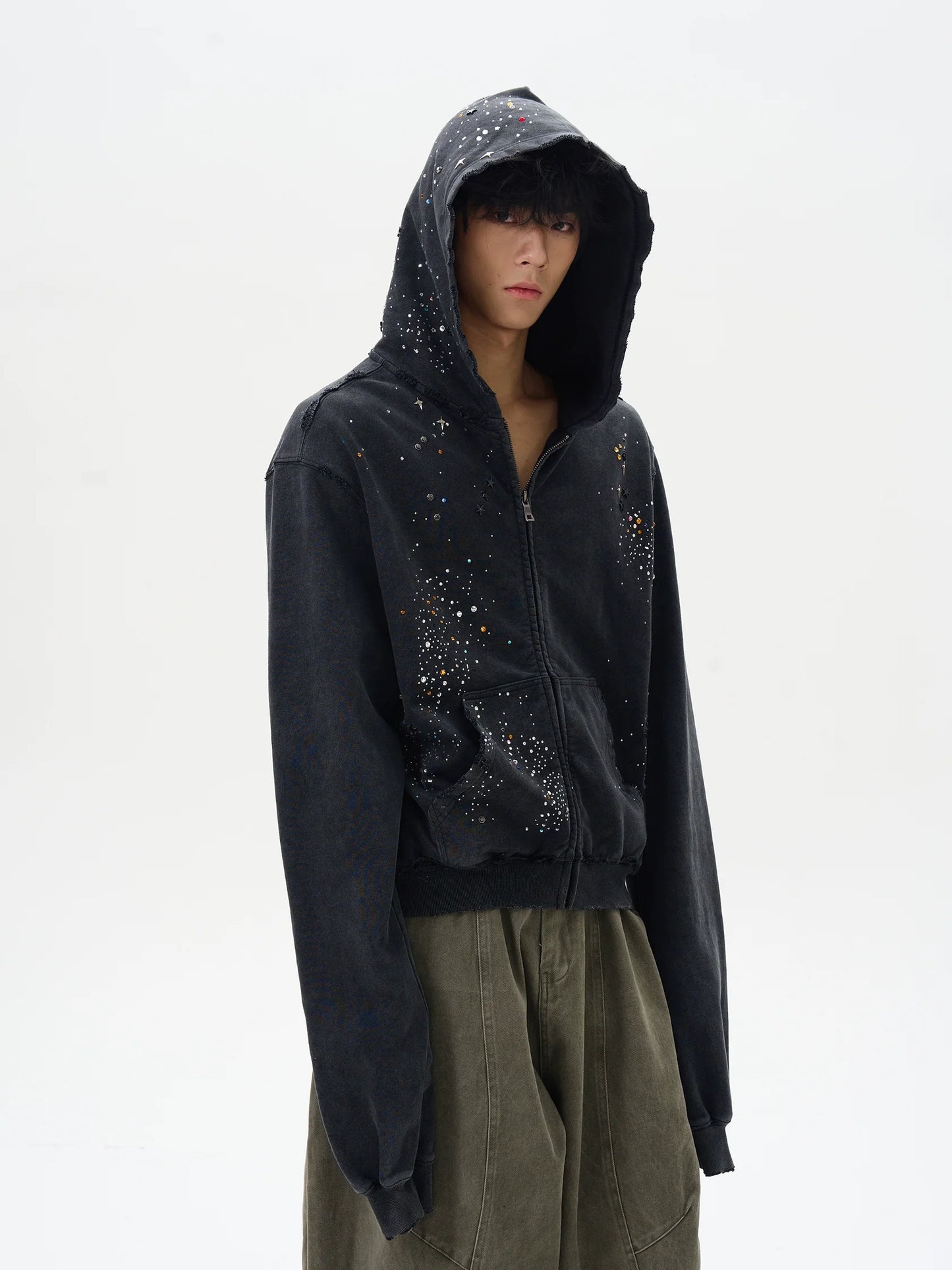 RHINESTONE DAMAGED ZIPPED HOODIE