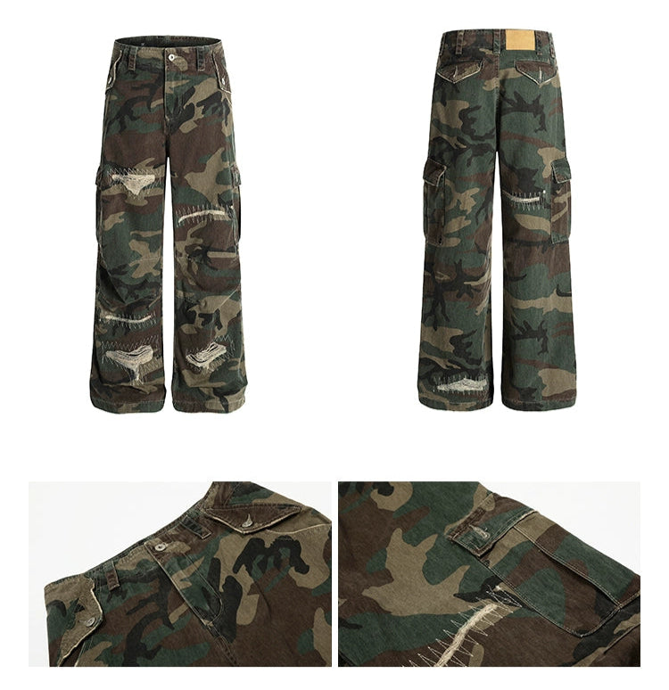 CAMO DESTROYED WIDE LEG PANTS