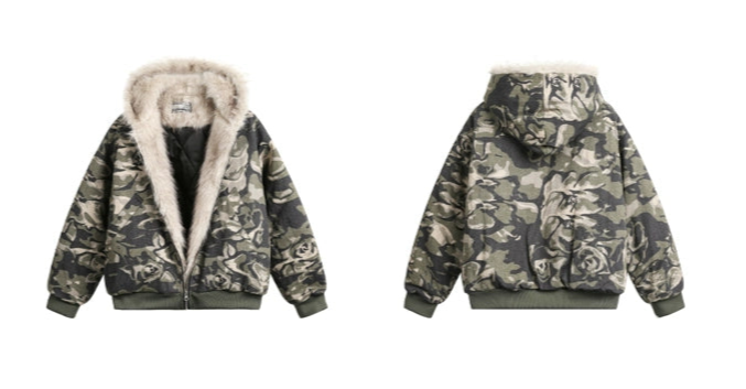 FUR CAMOUFLAGE HOODED JACKET