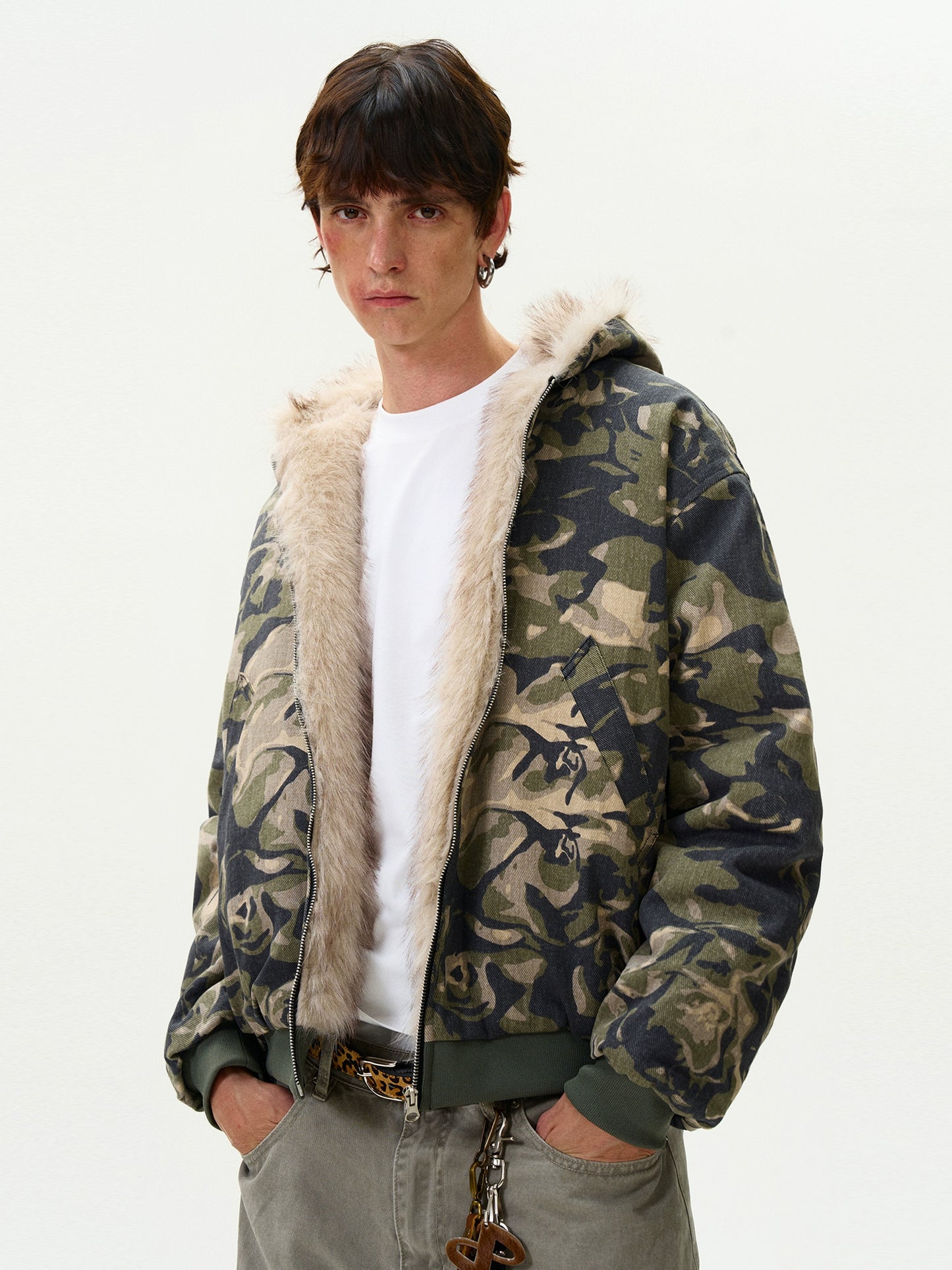 FUR CAMOUFLAGE HOODED JACKET