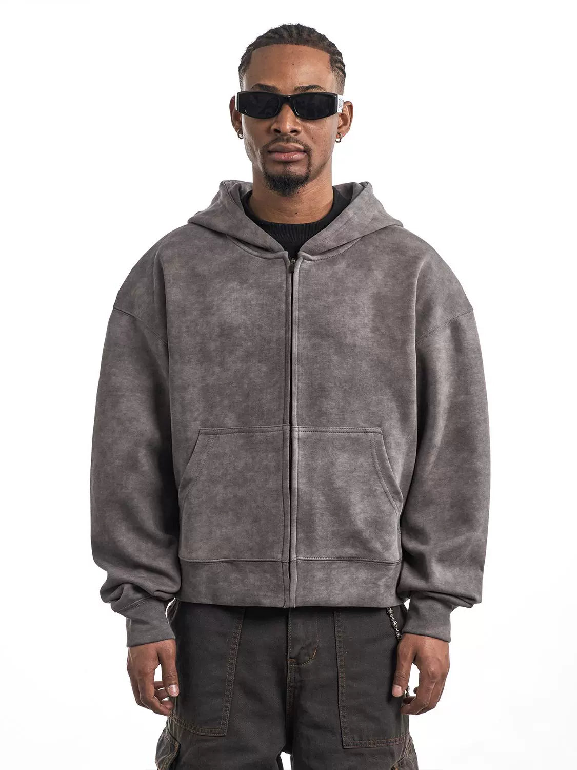 DISTRESSED WASHED ZIP UP HOODIE