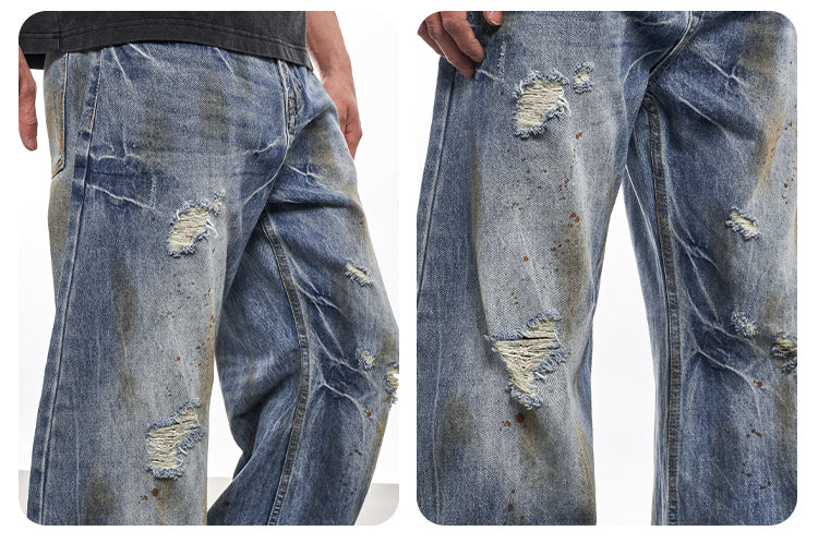 DAMEGE WASHED STRAIGHT DENIM PANTS