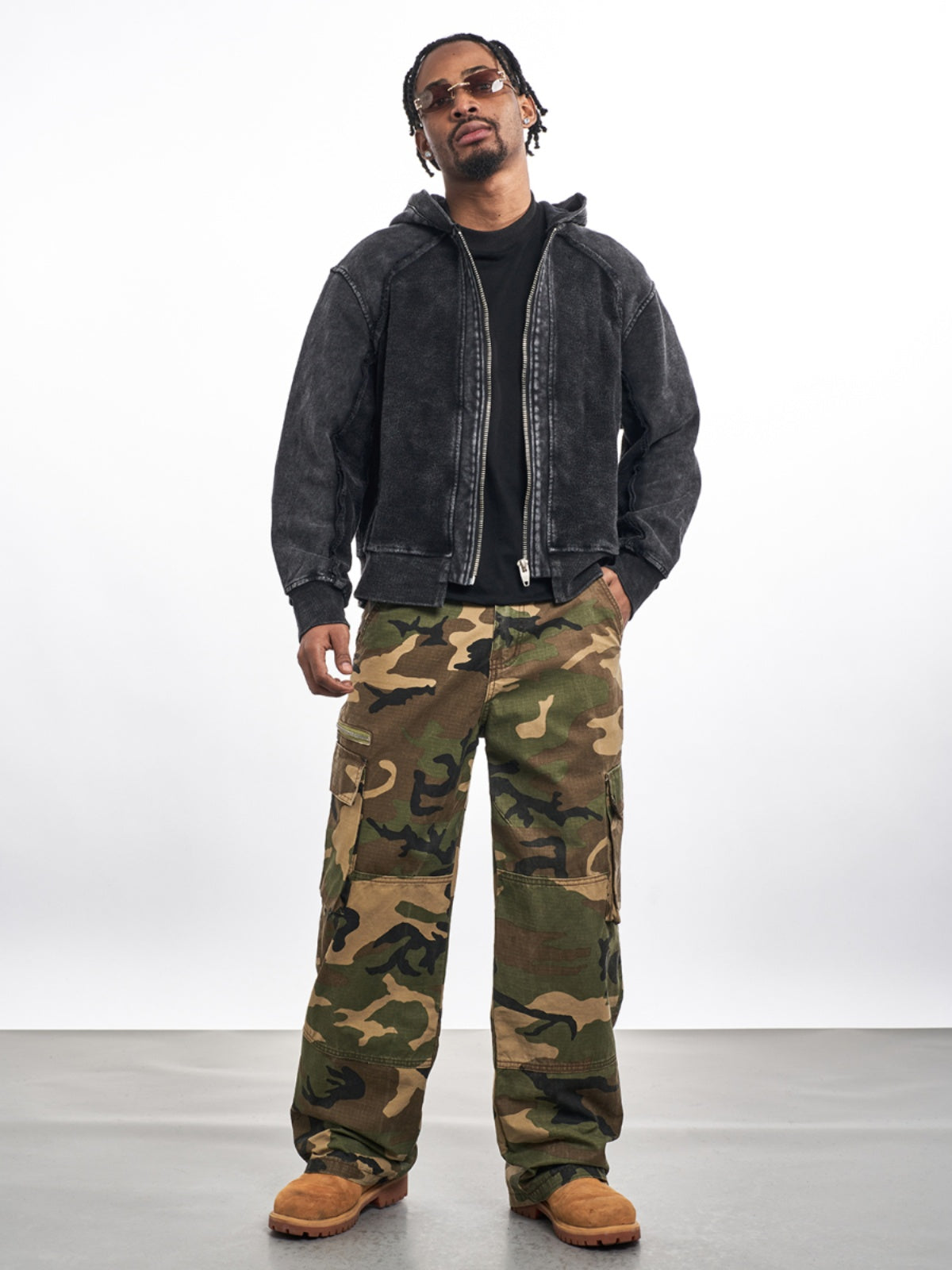 PATCHWORK WASH DISTRESSED ZIPPED HOODIE
